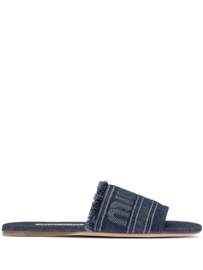 Miu Miu Frayed Denim Logo Flat Sandals In Blue