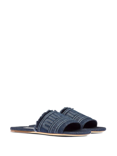 Miu Miu Frayed Denim Logo Flat Sandals In Blue