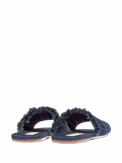 Miu Miu Frayed Denim Logo Flat Sandals In Blue