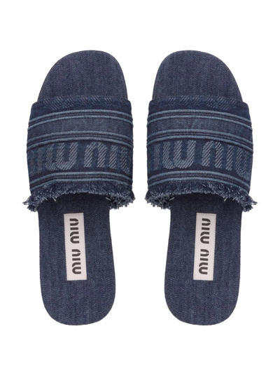 Shop Miu Miu Logo-jacquard Frayed Sandals In Blue