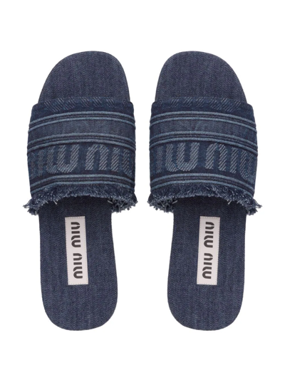 Miu Miu Frayed Denim Logo Flat Sandals In Blue