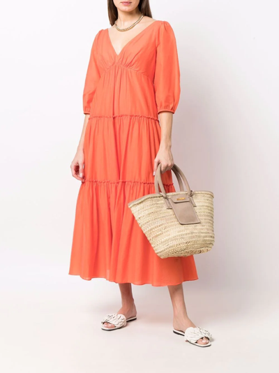 Shop Marchesa Notte V-neck Tiered Midi Dress In Orange