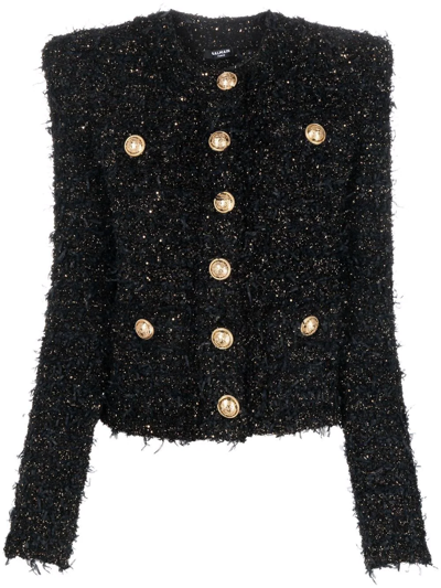 Shop Balmain Collarless Tweed Jacket In Schwarz