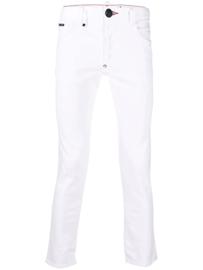 Shop Philipp Plein Embroidered-logo Slim-fit Jeans In Weiss