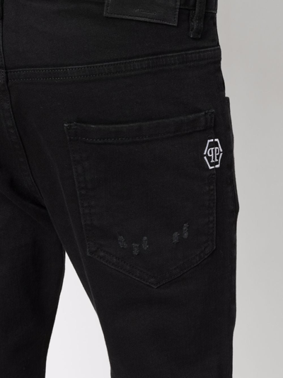 Shop Philipp Plein Embroidered-logo Slim-fit Jeans In Schwarz