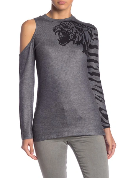 Shop Go Couture One Shoulder Cutout Sweater In Charcoal Angry Tiger