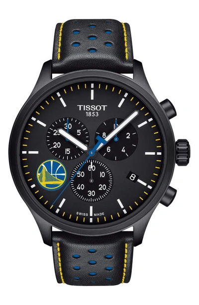Shop Tissot Chrono Xl Nba Leather Strap Watch, 45mm In Black/ Yellow/ Blue