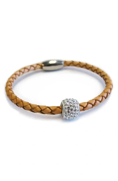 Shop Liza Schwartz Braided Leather Pave Crystal Charm Bracelet In Camel