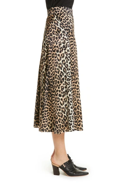 Shop Ganni Leopard Print Stretch Silk Satin Midi Skirt