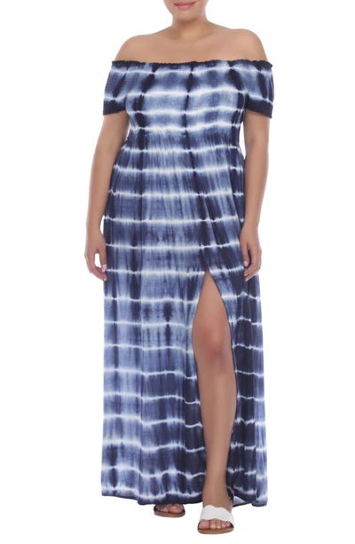 Shop Boho Me Off-the-shoulder Tie Dye Print Maxi Dress In Navy