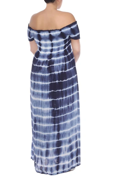 Shop Boho Me Off-the-shoulder Tie Dye Print Maxi Dress In Navy