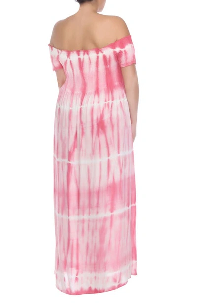 Shop Boho Me Off-the-shoulder Tie Dye Print Maxi Dress In Pink
