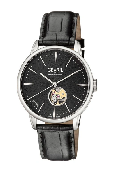 Shop Gevril Mulberry Swiss-automatic Embossed Leather Strap Watch, 41mm In Black