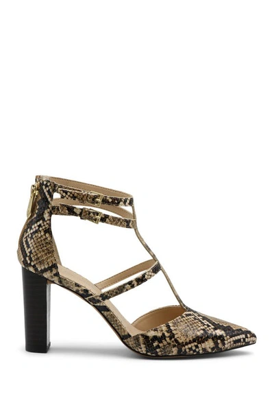 Shop Adrienne Vittadini Nocerna T-strap Snake Embossed Pointed Toe Pump In Tan/black