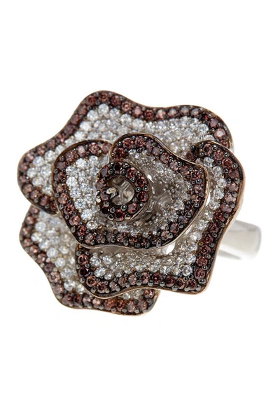 Shop Suzy Levian Sterling Silver Pavé Cubic Zirconia Flower Ring In Brown