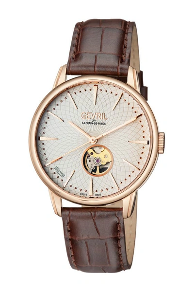 Shop Gevril Mulberry Swiss Automatic Embossed Leather Strap Watch, 41mm In Brown