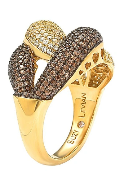 Suzy Levian Two-tone Chocolate & White Cz Ring In Brown