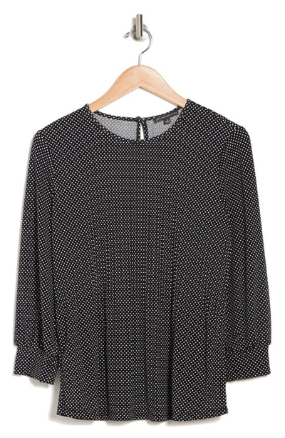 Shop Adrianna Papell Three-quarter Sleeve Pleated Moss Crepe Top In Black/ivory Small Dot