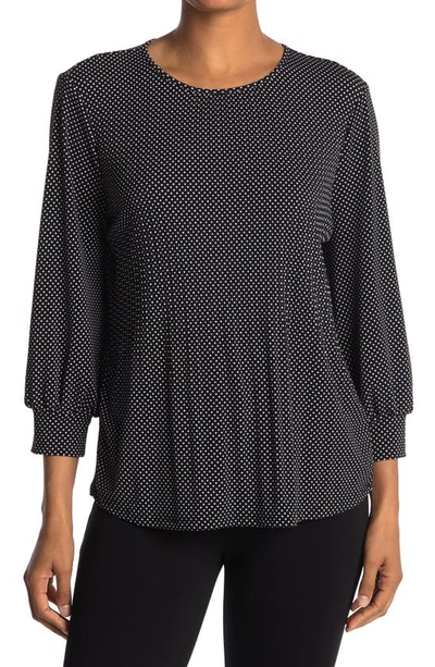 Shop Adrianna Papell Three-quarter Sleeve Pleated Moss Crepe Top In Black/ivory Small Dot