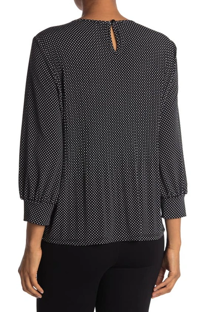 Shop Adrianna Papell Three-quarter Sleeve Pleated Moss Crepe Top In Black/ivory Small Dot
