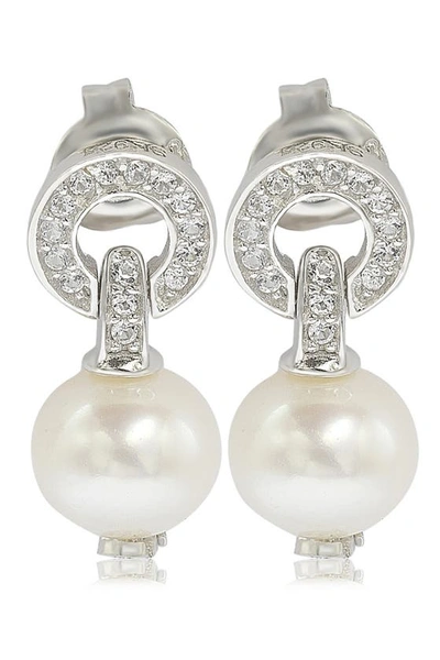 Shop Suzy Levian Created Sapphire & 8mm Freshwater Pearl Circle Drop Earrings In White
