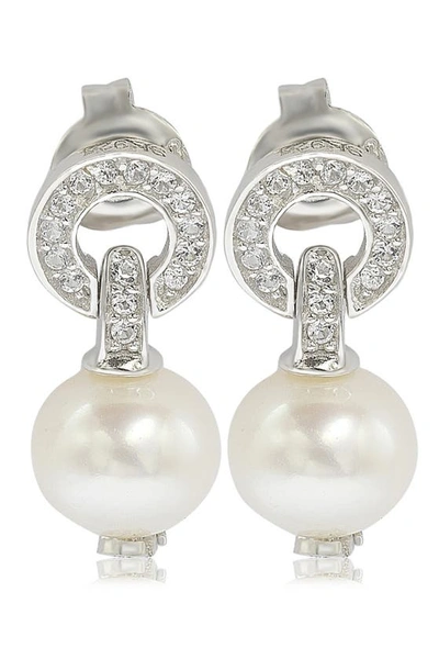 Suzy Levian Sterling Silver Pearl & White Sapphire Circle Earrings In White