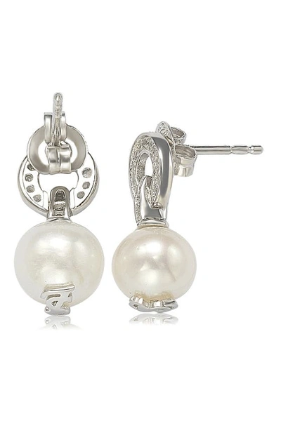 Suzy Levian Sterling Silver Pearl & White Sapphire Circle Earrings In White