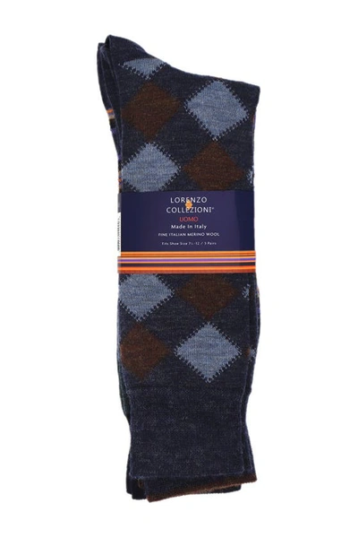 Lorenzo Uomo Italian Merino Wool Crew Socks In Navy Multi