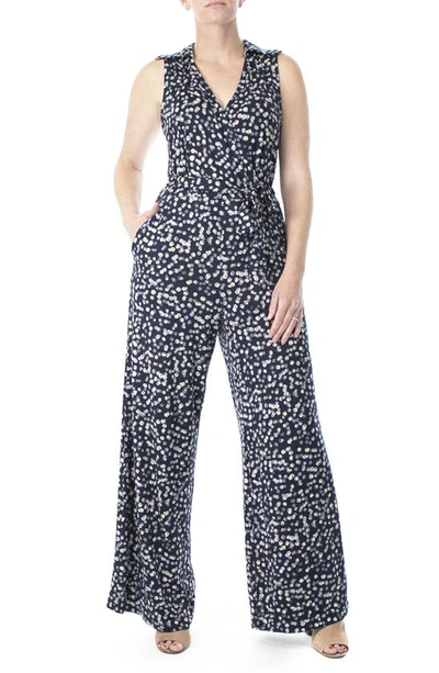 Shop Nina Leonard Sleeveless Faux Wrap Jumpsuit In Navy/almond Multi