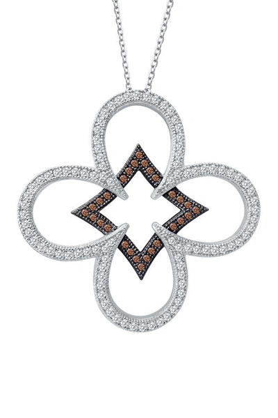 Shop Lafonn Platinum & Black Rhodium Plated Simulated Diamond Detail Open Flower Pendant Necklace In White-chocolate