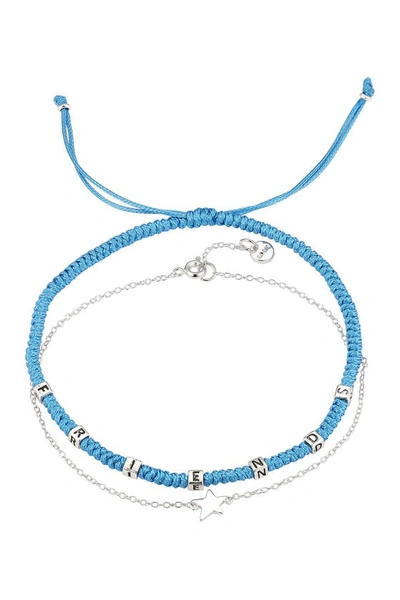 Shop La Rocks Duo Bracelet Set: Mini Star Chain & "friends" Blue Cord Bracelets In Silver Blue Cord