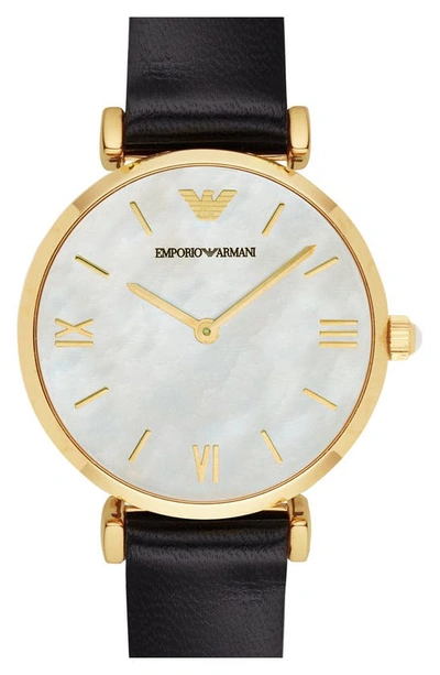 Emporio Armani Leather Strap Watch, 32mm In Black/ Gold