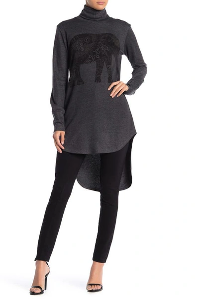 Shop Go Couture Turtleneck High-low Tunic Sweater In Charcoal Elephant Up Dnu
