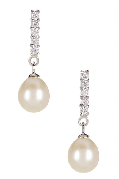 Splendid Pearls Dangling Cz & 8-9mm Pearl Necklace & Earrings Set In Natural White