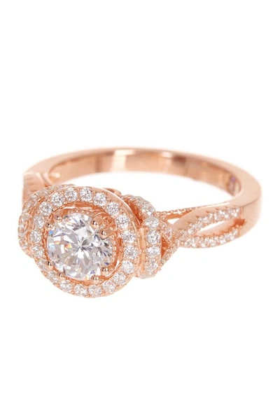 Suzy Levian Rose Gold Plated Sterling Silver Round White Cz Engagement Ring In Rose