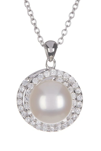 Splendid Pearls 8.5-9mm Cultured Freshwater Pearl Double Halo Pendant Necklace & Earrings Set In White