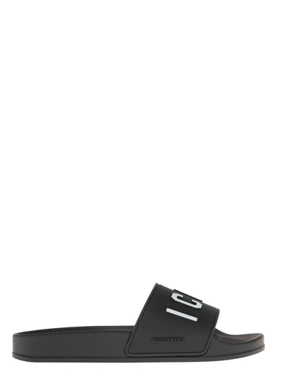 Shop Dsquared2 Black Rubber Slide Sandals With Logo