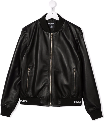 Shop Balmain Teen Logo-underband Zip-up Leather Jacket In Black