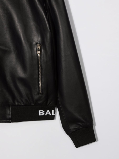 Shop Balmain Teen Logo-underband Zip-up Leather Jacket In Black