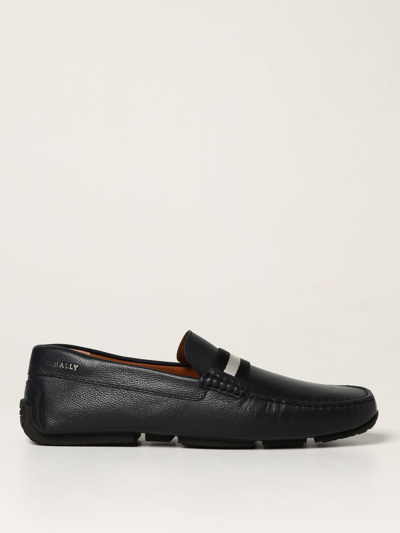Shop Bally Pearce Grained Leather Loafers In Navy