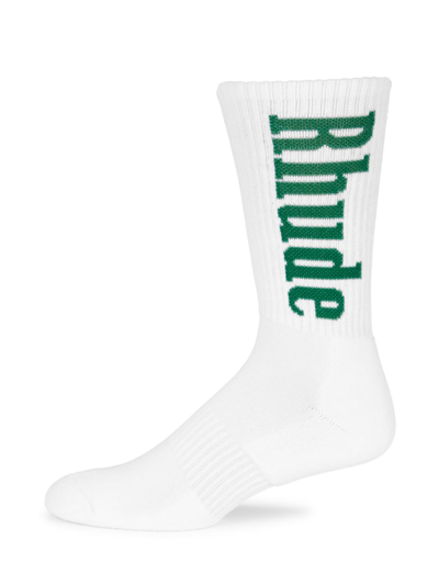 Shop Rhude Men's Logo Calf Socks In White Blue