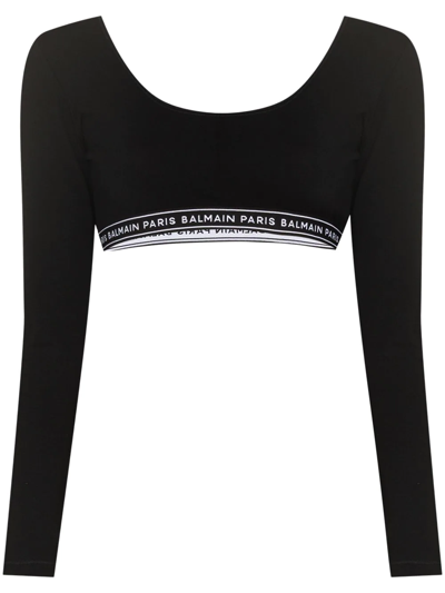 Shop Balmain Logo-hem Cropped Top In Black