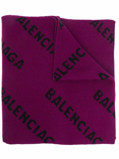 Shop Balenciaga Allover Logo Organic Wool Scarf In Violet