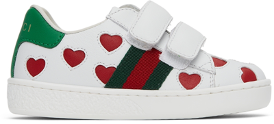Shop Gucci Baby White Hearts Ace Sneakers In 9065 Gr.whi/h.red/vr