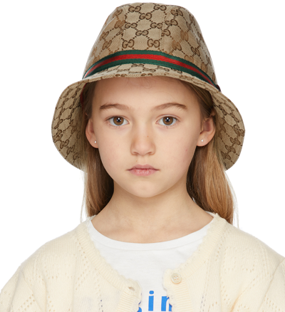 Shop Gucci Kids Brown Canvas Original Gg Hat In 2174 Dark Brown/ Red