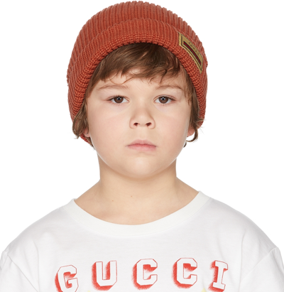 Shop Gucci Kids Orange Cotton Web Beanie In 6300 Sienna