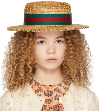 Shop Gucci Kids Tan Straw Ribbon Hat In 9266 Naturale + V/r/