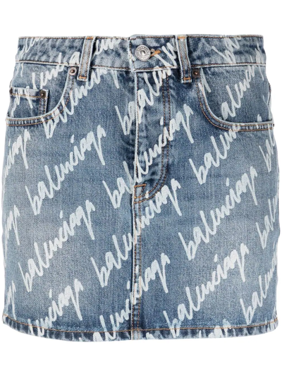 Shop Balenciaga Allover Logo Low-waist Miniskirt In Blue