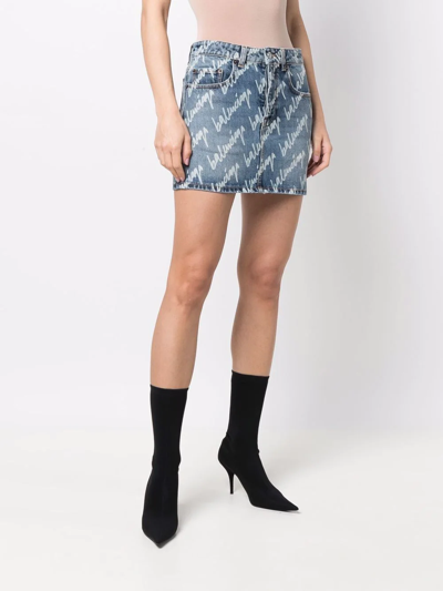 Shop Balenciaga Allover Logo Low-waist Miniskirt In Blue