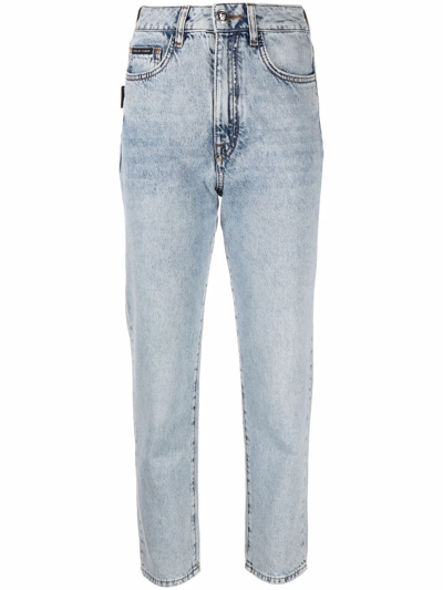 Shop Philipp Plein Cropped High-waist Bofriend Jeans In Blue